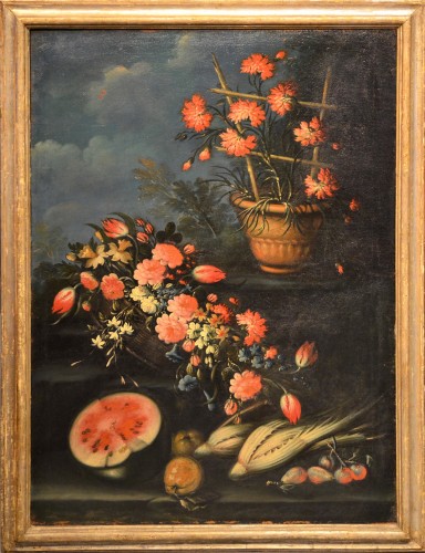 Nature Morte de fleurs et de fruits dans un jardin